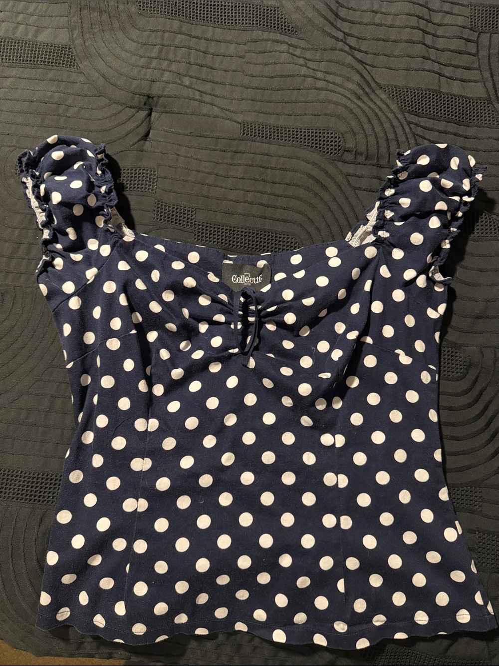 Collectif Navy and White Polka Dot Ruffle Strap Top